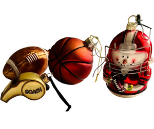 Coach Team Sports Ornaments Set Of 4 Football and player, Basketball, whistle